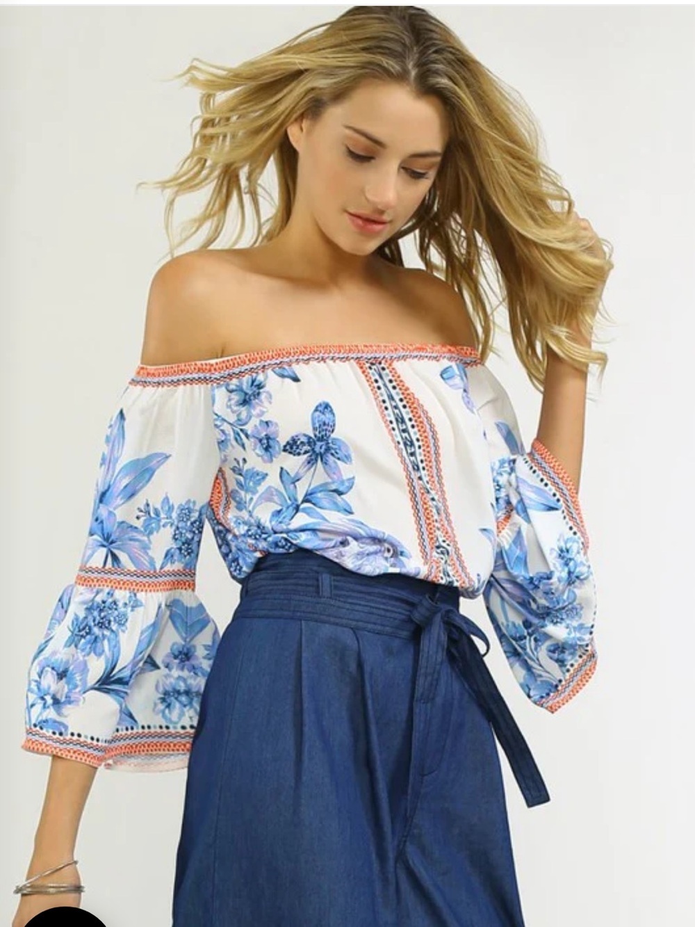 Jealous Tomato Boho Floral Off-the-Shoulder Bell Sleeve Blouse Size Medium
